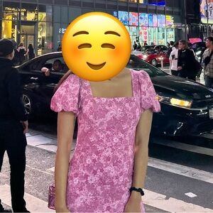 🎉 TRIXXI Pink Floral Mini Dress with Puff Sleeves Sz L